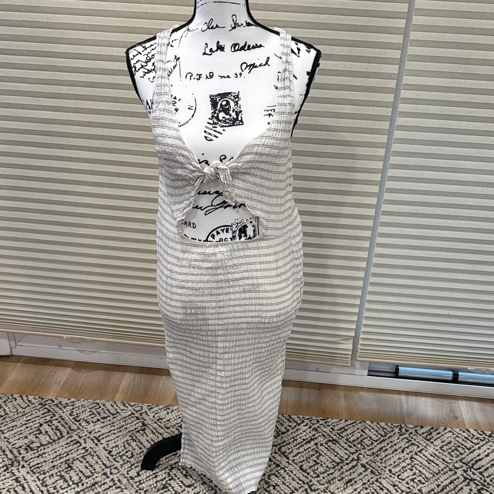 Striped White and Gray Sleeveless Dress